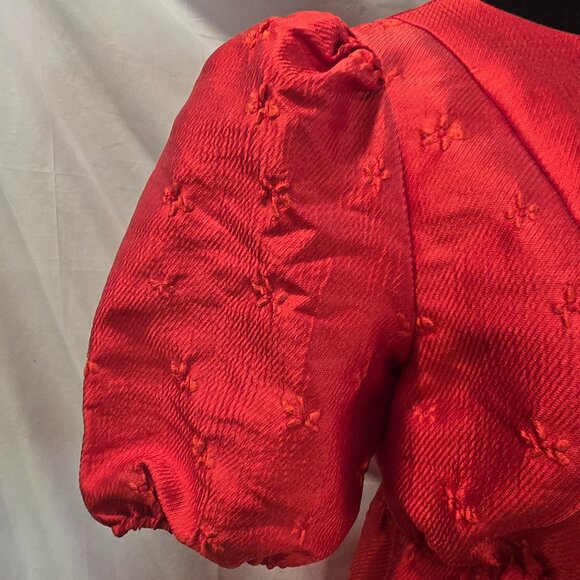 Sister Jane Poppy Dress Red Jacquard Mini Short Puff Sleeves Heart Back Medium - Picture 4 of 12